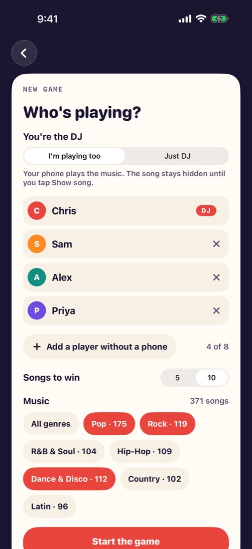 The setup screen: players, songs to win and genre choices